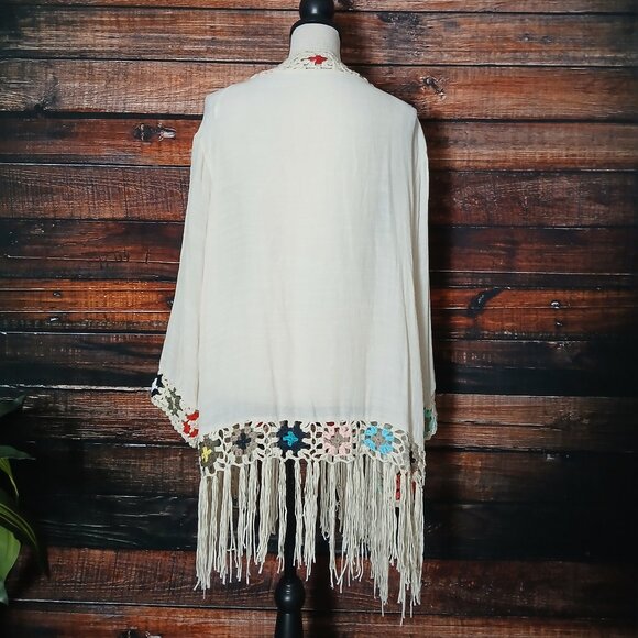 Anthropologie Kindred Top 1X Crochet Fringe Cardigan Boho Hippie Tie Front - Picture 5 of 9